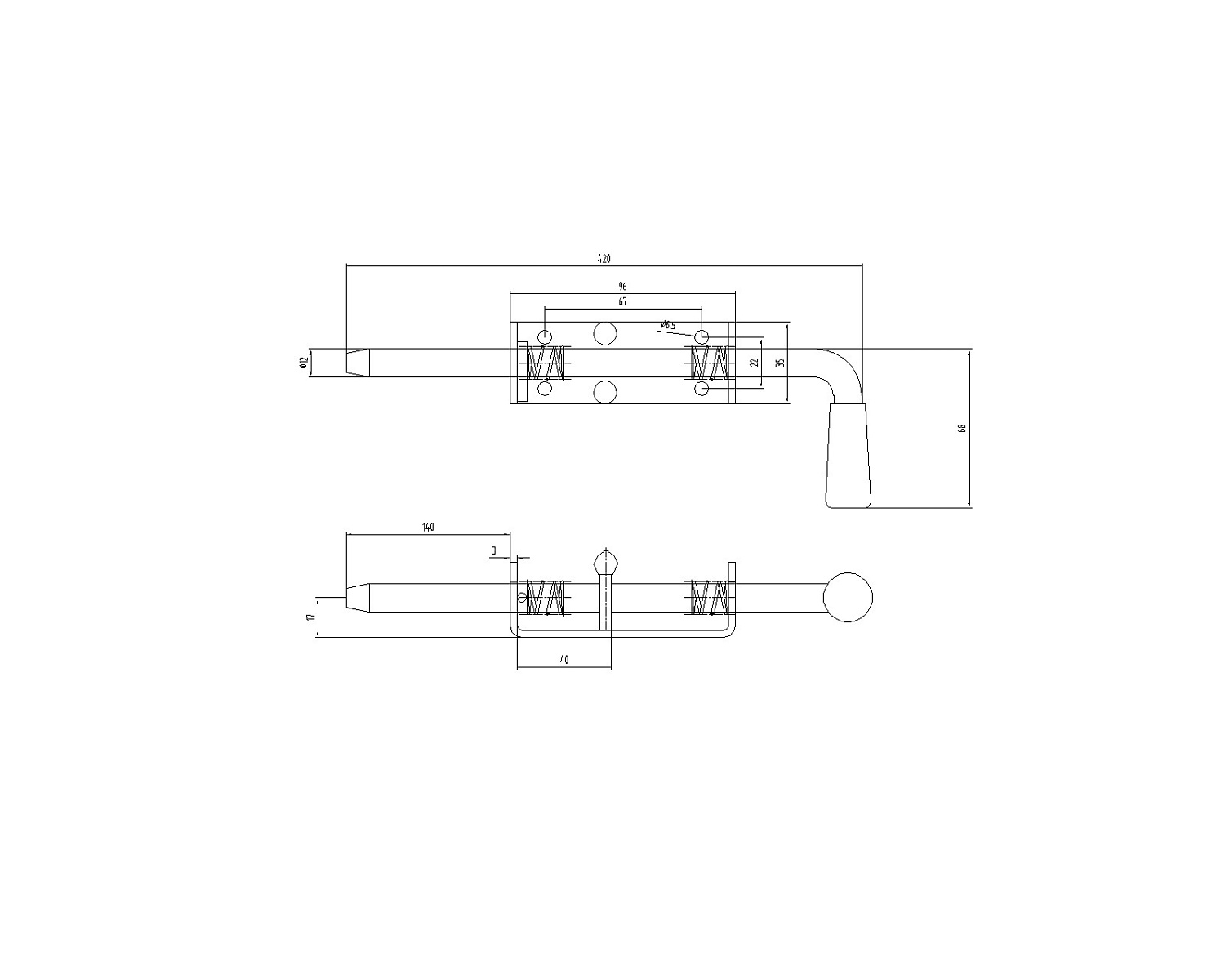 CX60C Засов вертикальный с пружиной 12*420 мм. Шток 12 мм.