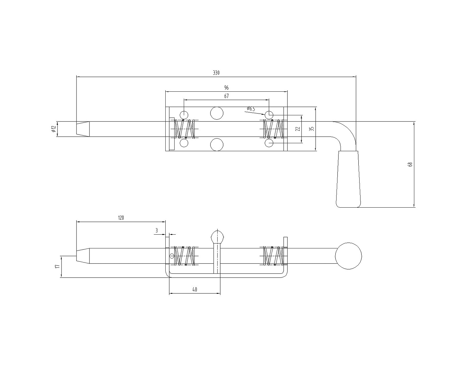 CX60B Засов вертикальный с пружиной 12*330 мм. Шток 12 мм.