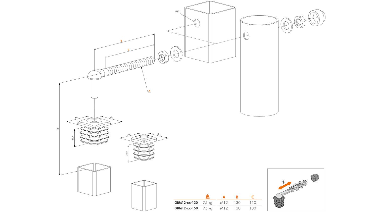 GBM12-40-150 Набор петель для садовой калитки с пластиковыми заглушками для профиля 40x40 mm